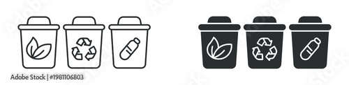 Waste Sorting Bin Icon Set, Recycling and Waste Management Concept, Eco Friendly Disposal Icons, Vector Illustration