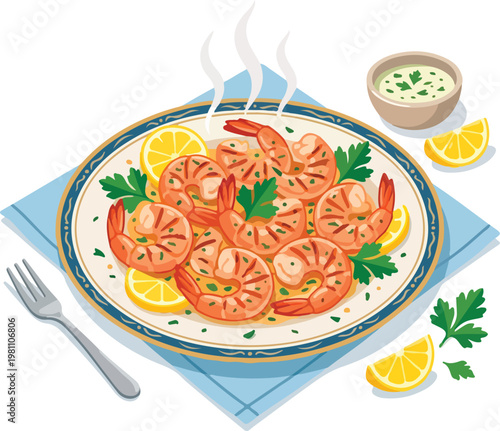 Shrimp with lemon and herbs plate.