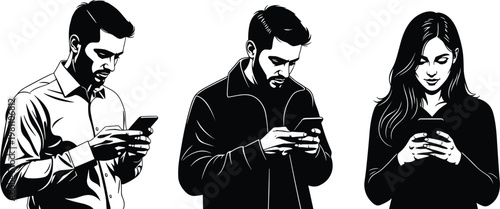 Three diverse people looking down at their mobile phones on white background black and white minimalist line art vector illustration.