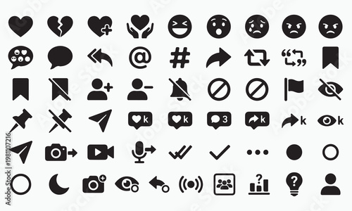 Collection of black social media icons for user interface and web design applications