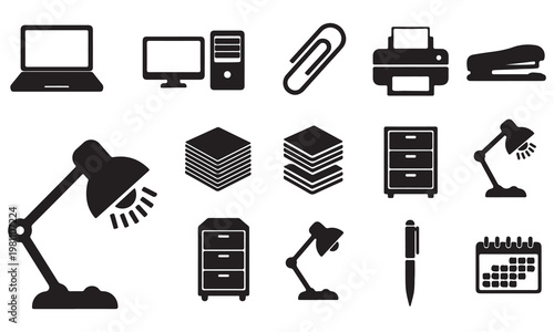 Collection of black office and school supply icons for graphic design and business use
