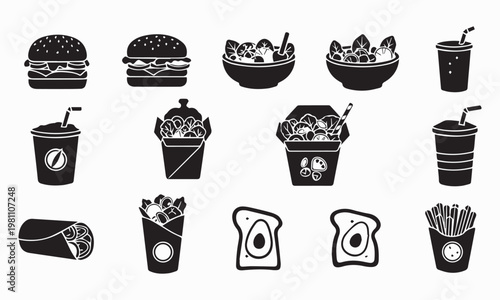 Collection of silhouette icons representing various fast food and healthy meal options