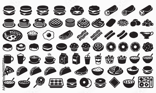 Diverse collection of simple black and white food icons arranged in rows for graphic design use