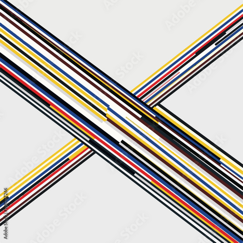 Abstract art illustration showcasing an energetic pattern of diverse colored lines intersecting diagonally on a simple backdrop.