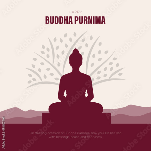 Happy Buddha Purnima Illustration with Meditating Buddha Silhouette and Spiritual Landscape, vector illustration.