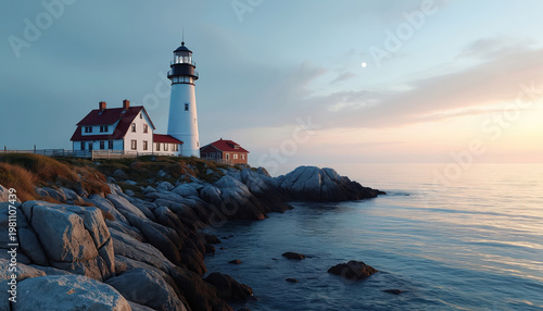 White lighthouse with red roof buildings sits on rocky coast by calm sea at dusk. Pastel sky with subtle moon and clouds. Ocean meets shore on rocky outcrop.