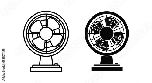 Two vintage electric fans depicted in a stark black and white silhouette