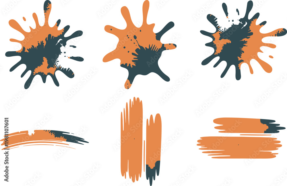 Fototapeta premium A set of orange and black paint splatters on a white background