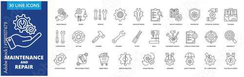 Maintenance & Repair icon set collection in outline style. Containing learning, online training , development, 
skills, competency, 
education, workshop, coaching,mentoring, practice, assessment.
