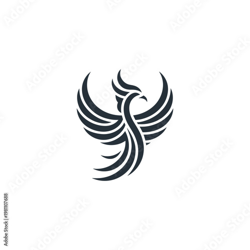 Black phoenix bird icon with upward wings and stylized feathers, firebird