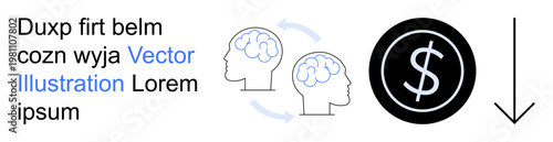 Financial planning, innovation, knowledge sharing, decision-making, currency exchange, wealth growth. Two heads with brain outlines and arrows, dollar symbol and down arrow. Financial planning