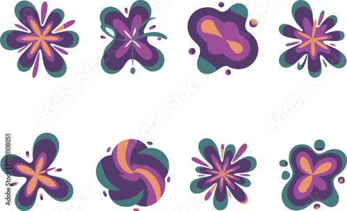 A set of colorful flower designs in purple, orange, and green hues
