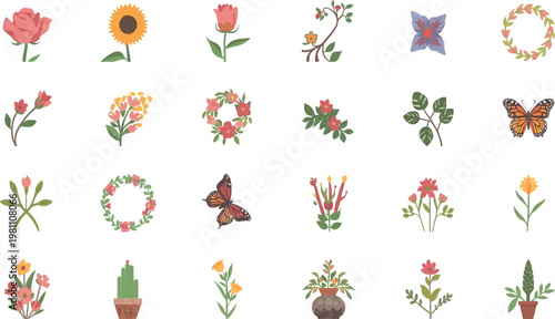 Colorful floral vector set of flowers with nature elements, leaves, butterflies, birds and seamless spring summer decorative pattern design collection artwork