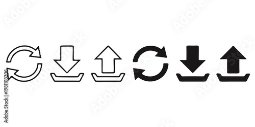 Set of outline and filled icons for upload download and refresh actions