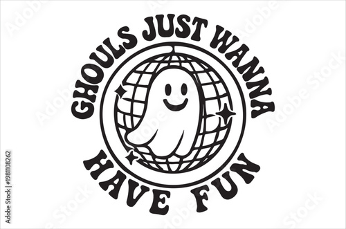 A playful ghost floats around a globe with halloween themed text