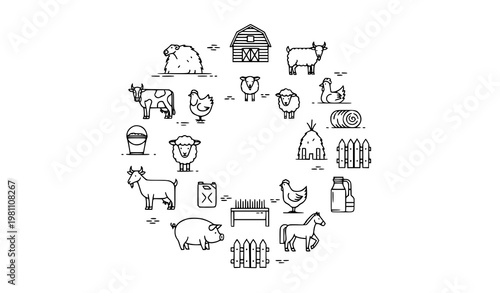 Animal husbandry and livestock farming thin line icon set in circular layout agriculture vector symbols