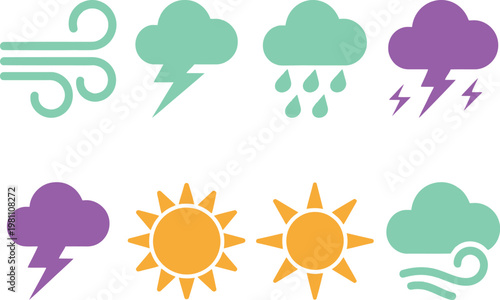 A colorful illustration of various weather icons on a white background