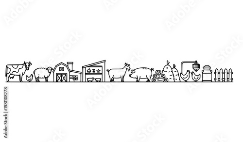 Livestock farming and animal husbandry linear icons horizontal set agriculture outline vector