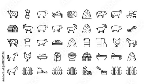 Animal husbandry and livestock farming grid outline icon collection agriculture vector symbols
