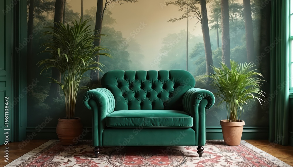 Naklejka premium Deep green velvet armchair sits before a misty forest mural. Two potted palm plants flank the lush. Ornate rug covers floor. Room is richly decorated.