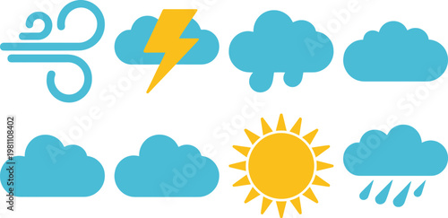 A colorful illustration of various weather icons on a white background