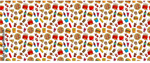 Fast Food Seamless Pattern: Colorful Cartoon Illustration of Burgers, Pizza, Fried Chicken, and Soda