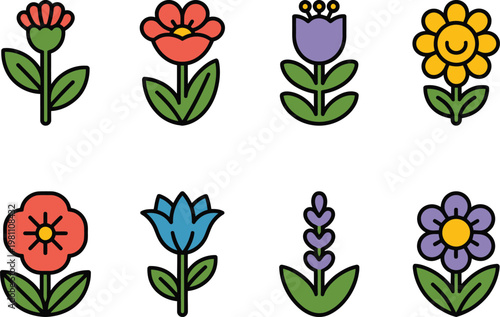 A colorful illustration of various cartoon flowers on a white background