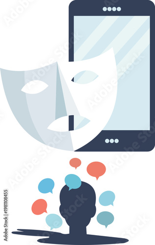 Conceptual Illustration of Digital Anonymity and Cyberbullying with Theater Mask and Smartphone