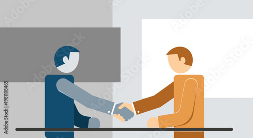 Professional partners finalize agreement with firm handshake, conveying trust and collaboration amidst minimalist office environment featuring clean geometric shapes and a muted