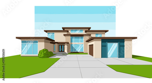 Modern beige residence with expansive glass windows, brown roof overhangs, a concrete driveway leading to a garage door, manicured green lawn, and a clear blue sky overhead,