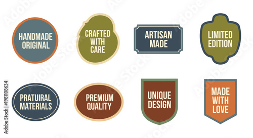 Collection of eight distinct vector badges showcasing artisanal craftsmanship, premium quality, unique designs, and handmade origin, presented with clean lines, earthy tones, and