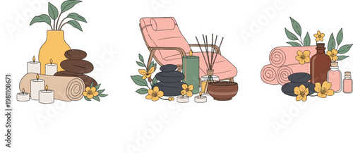 Spa and Relaxation Elements Icon Set with Flowers, Candles, Towels, and Aromatherapy for Wellness, Meditation, and Health Design