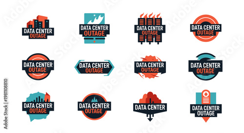 Collection of twelve distinct vector logos representing data center outages, featuring stylized buildings, server racks aflame, cloud disruptions, and abstract graphical elements