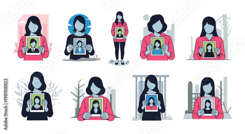 Collection of stylized flat vector portraits showcasing individuals holding framed photographs of other people, presented with clean lines, simple shapes, and a limited color