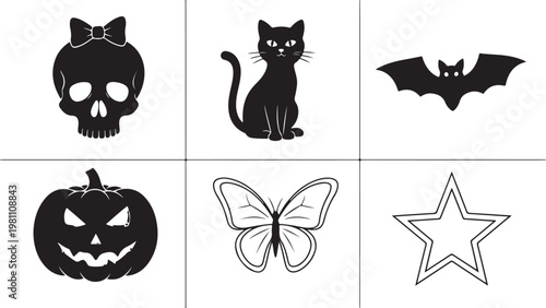 Halloween icons, black silhouettes, spooky symbols, 6 pcs, vector graphics