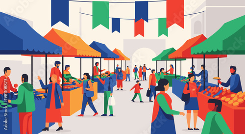 Vibrant outdoor market scene featuring diverse people browsing stalls adorned with colorful awnings and festive pennants, depicting a lively community gathering and commerce.