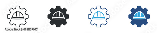 Engineering Icon Set, Construction and Technical Workflow, Industrial Process Icons, Construction helmet with gear icon, Vector Illustration
