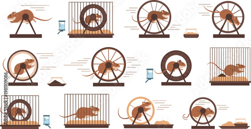 Cute hamster running wheel activity collection with pet cage exercise scenes isolated vector set for care design
