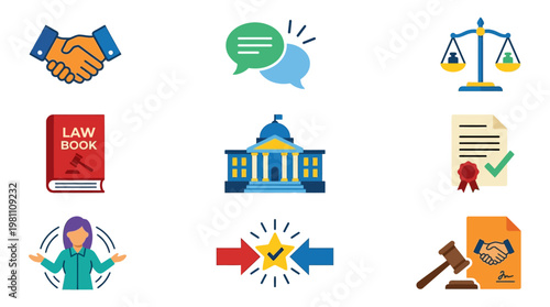 Legal icons representing justice and courtroom procedures are displayed in a grid formation for professional design use.