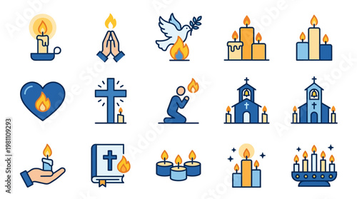 Christianity symbols feature a set of icons representing prayer, faith, and religious devotion in a clean graphic style.