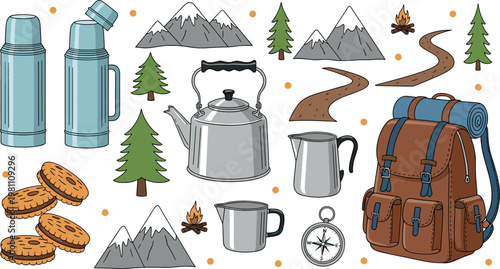 Camping adventure vector set with backpack thermos kettle mountains trees compass trail and outdoor travel elements collection