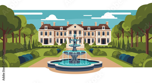 Grand stately manor estate with a tiered cascading water fountain centerpiece in a meticulously landscaped formal garden featuring manicured hedges, mature trees, and a bright