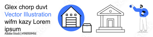Logistics, finance, delivery, e-commerce, business operations, architecture. Illustrated warehouse, a bank building and a delivery man holding a package. Logistics and finance concepts in focus