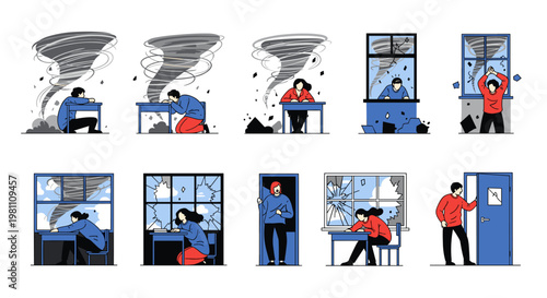 Multiple scenes depict individuals reacting to a destructive tornado approaching and impacting their surroundings, featuring broken windows, debris, and people seeking shelter