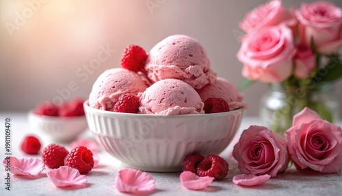 Scoops of pink raspberry ice cream with fresh berries sit in white bowl. Delicate rose petals surround dessert. Bouquet of soft pink roses adds elegance to treat. Sweet, cold, refreshing, fruity,