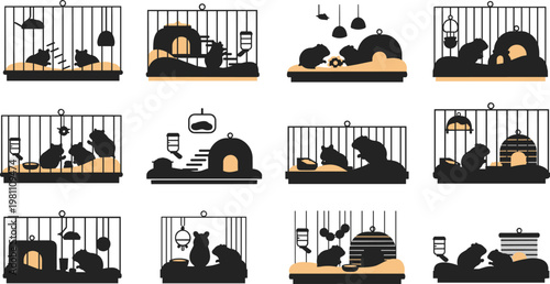 Hamster cage silhouette vector set pet rodent habitat icons minimal black illustration collection design elements pack