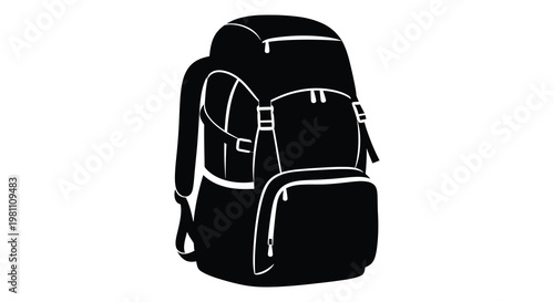 A striking black silhouette of a large hiking backpack against a white background silhouette