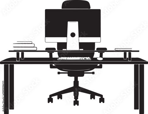 Black office desk with computer and chair workspace de