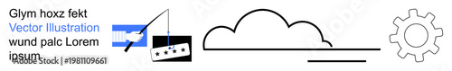 Technology, innovation, communication, data storage, minimalist design, and creative concepts. Black and white cloud, gear icon and abstract graphical components. Technology and innovation