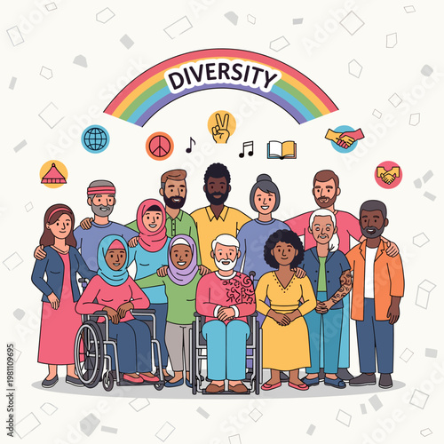 A diverse group of people of various ages, ethnicities, abilities, and genders stand together under a rainbow with the word "DIVERSITY" on it, symbolizing unity and inclusion.